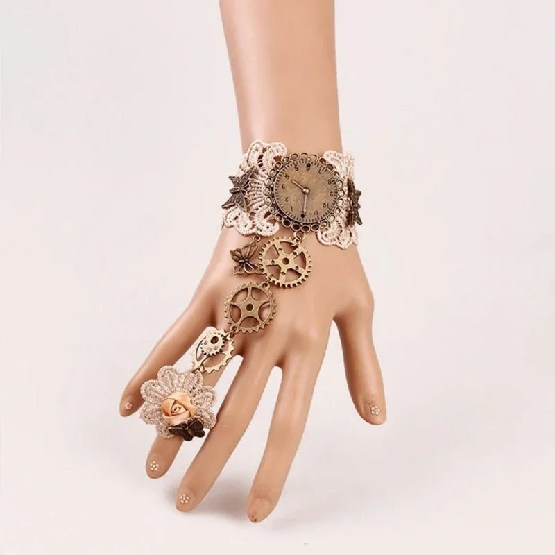 Steampunk Gear Bracelet with Finger Ring | Black & Khaki