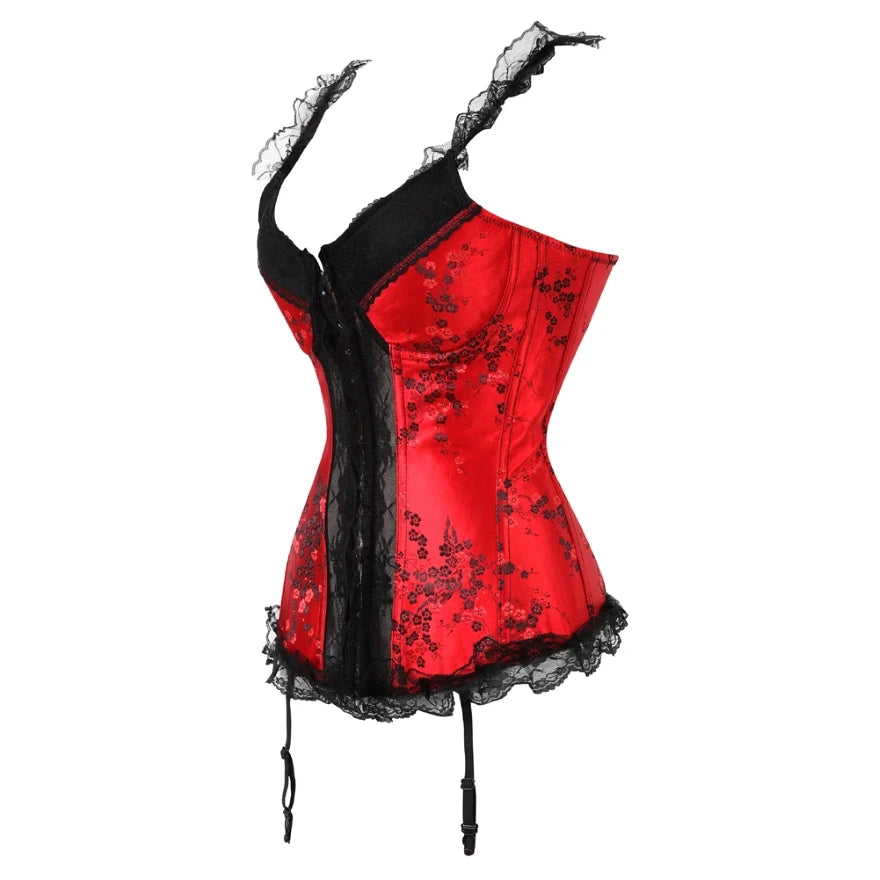 Red Floral Overbust Corset | Lace Trim