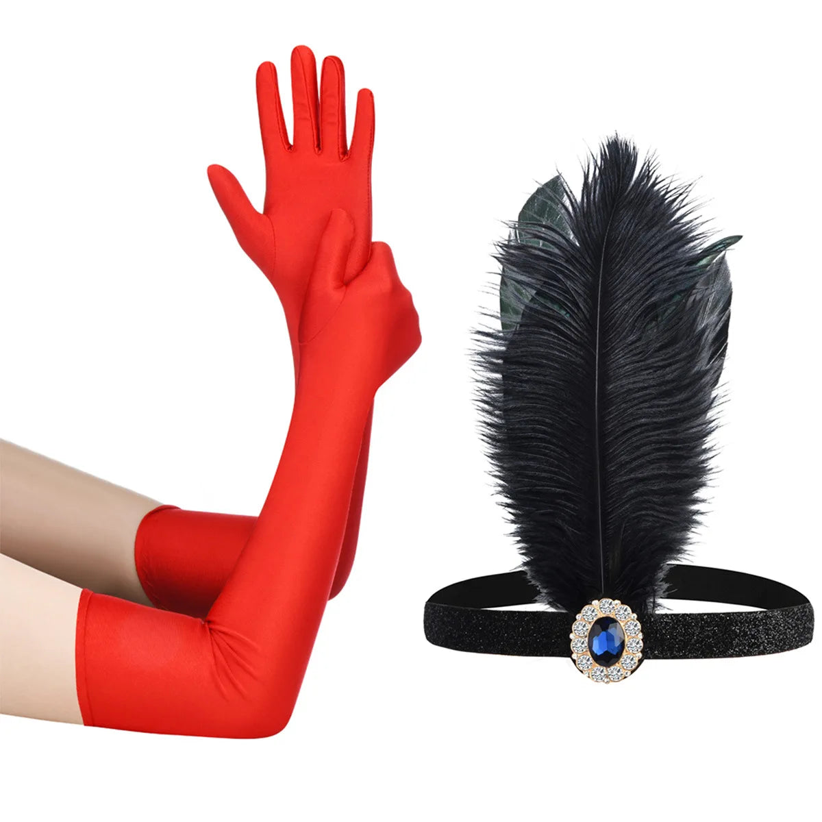 1920s Accessory Set | Feather Headband & Gloves
