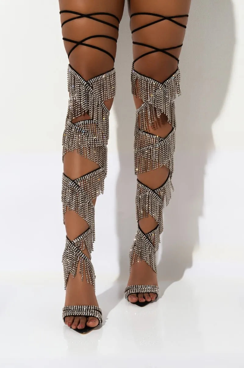 Rhinestone Chain Lace-Up Thigh Sandal Boots | Stiletto | 10cm & 12cm