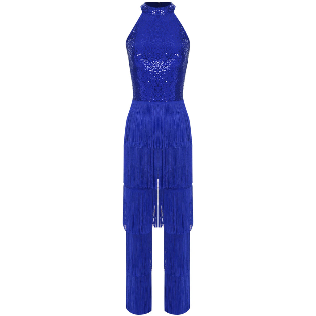 Sequin Tassel Jumpsuit | Halter Neck | Latin Dance