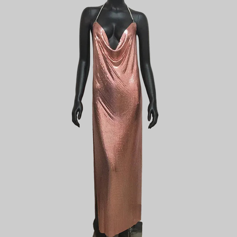 Metal Sequin Chain Strap Maxi Dress