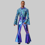 Men's Metallic Disco Jumpsuit - 70s Bell Bottom Performance Costume with Flared Sleeves