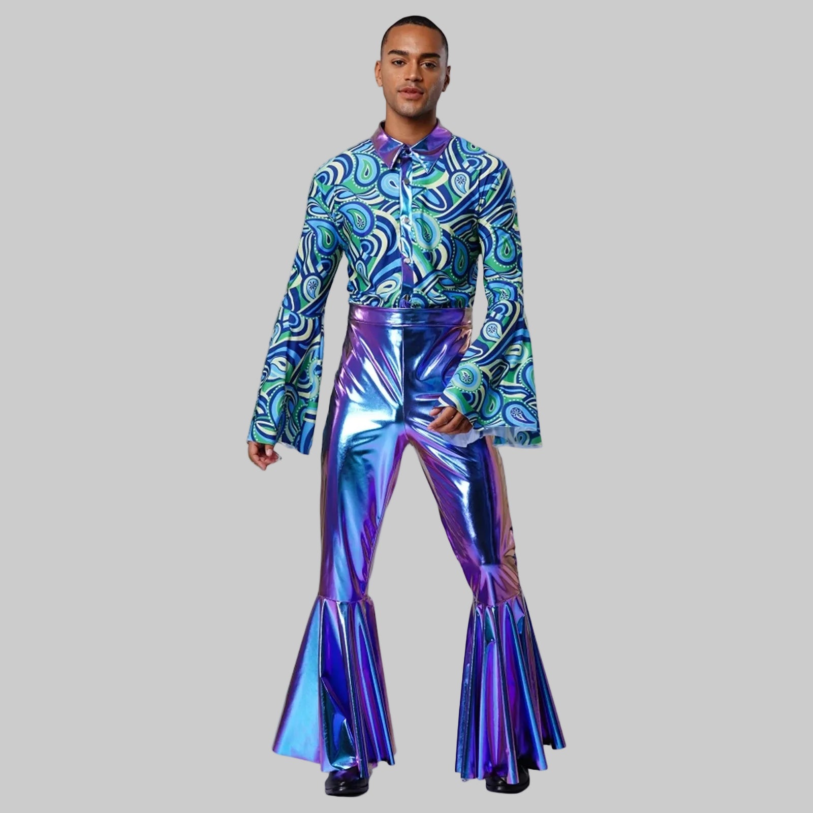Men's Metallic Disco Jumpsuit - 70s Bell Bottom Performance Costume with Flared Sleeves
