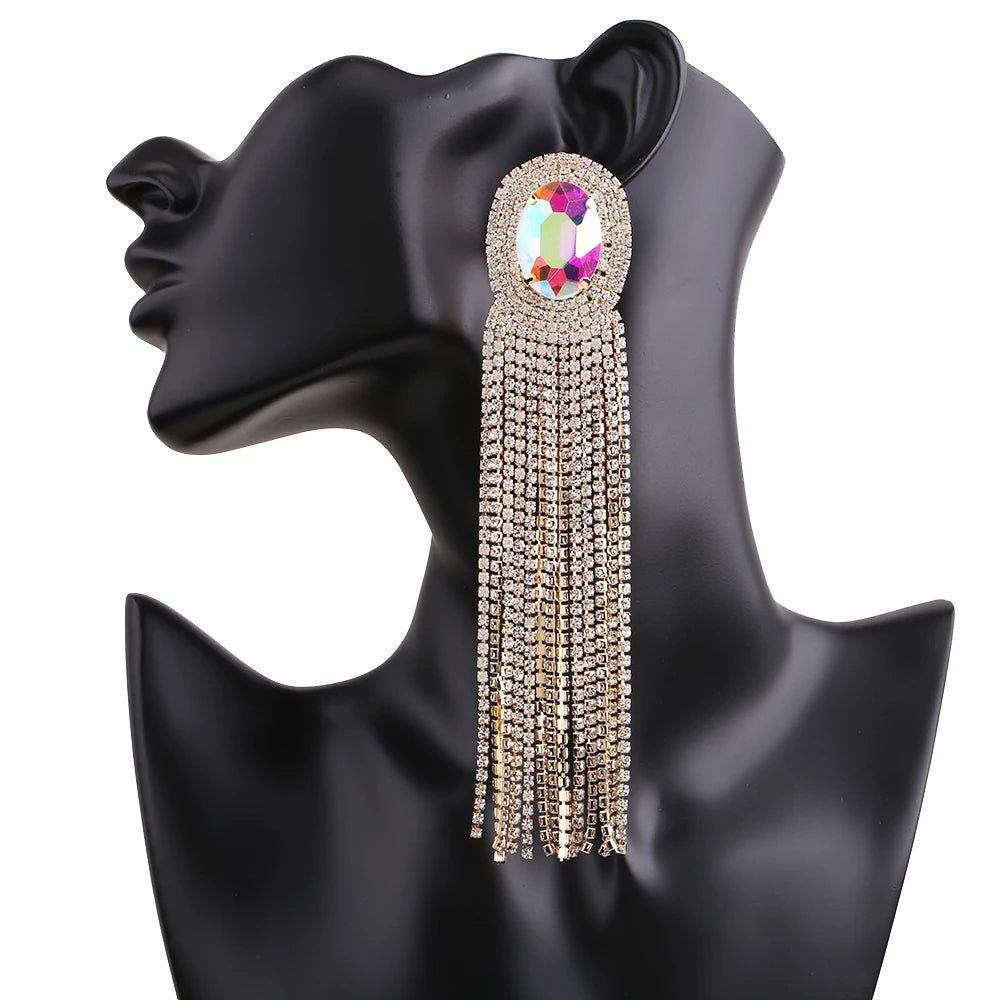 Long Rhinestone Drop Earrings | Clip or Pin