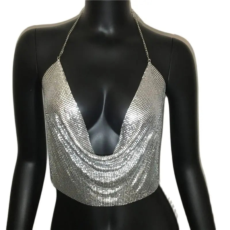 Metallic Sequin Crop Tank - Backless Performance Top
