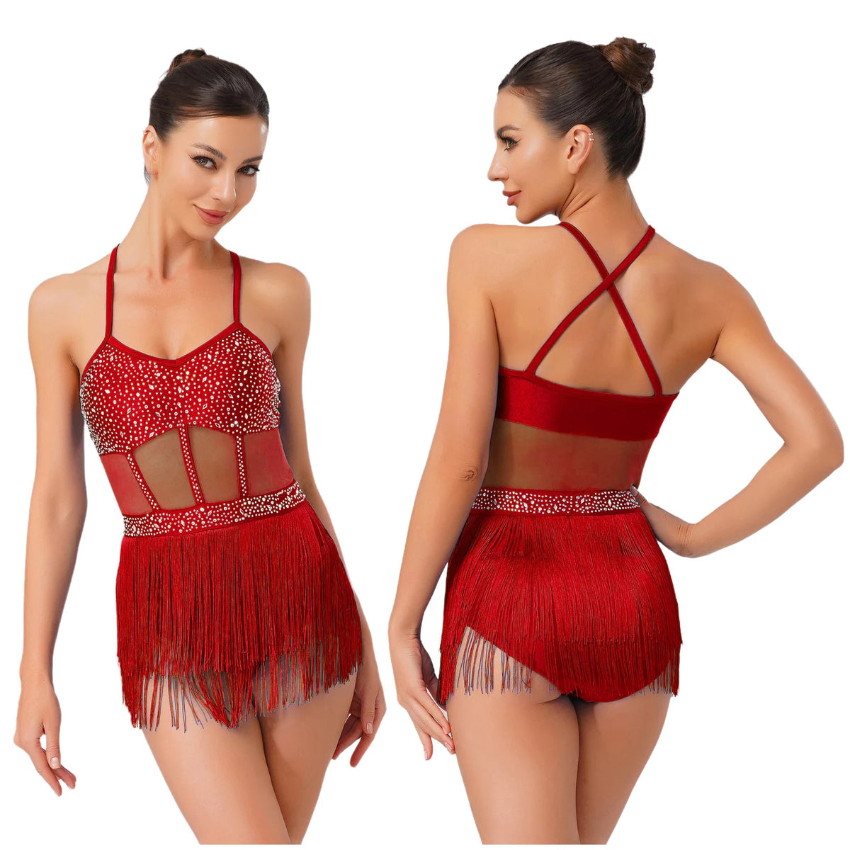 Starlight Rhinestone Fringe Latin Dance Leotard