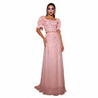 Crystal Two-Piece A-Line Gown | Puff Sleeves | Square Neck