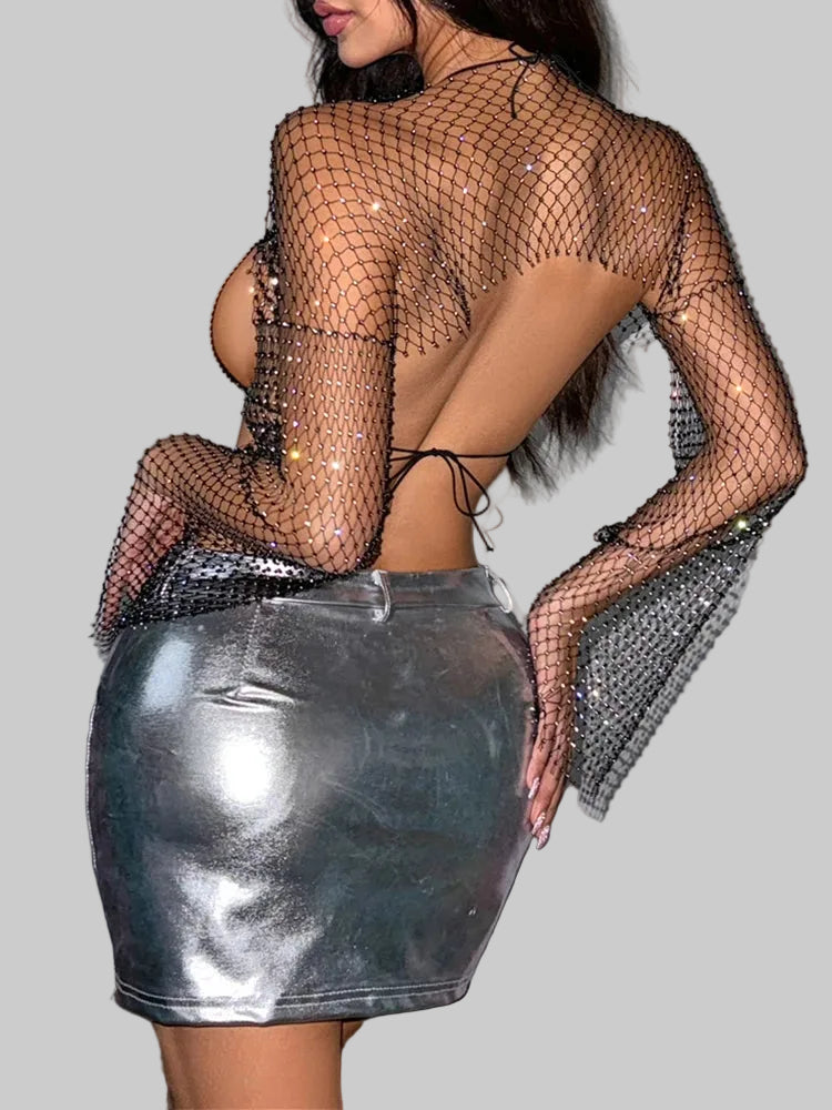 Rhinestone Mesh Bra & Long Sleeve Cover Set - 2-Piece Sheer Outfit