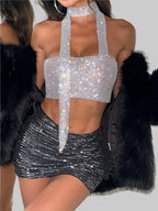 Rhinestone Halter Neck Crop Top - Backless Bandage Party Camisole