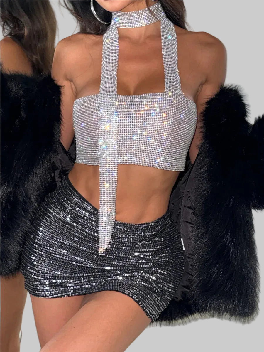 Rhinestone Halter Neck Crop Top - Backless Bandage Party Camisole