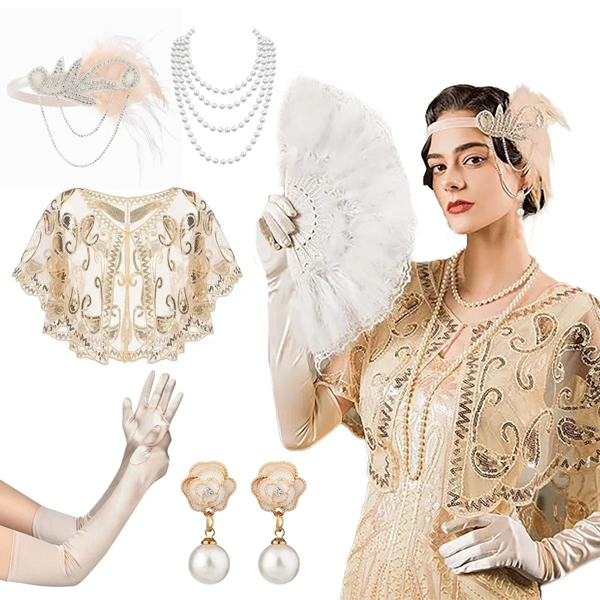 1920s Flapper Accessory Set | 5-Piece | Headband, Shawl, Gloves