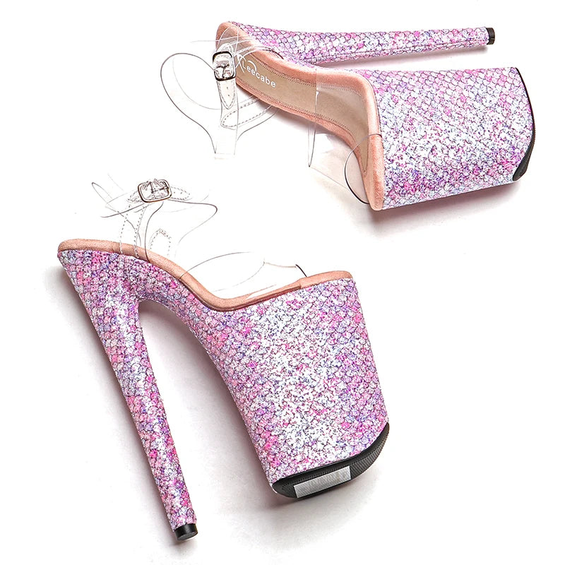 23cm Clear Glitter Platform Sandals - High Heel Dance Shoes