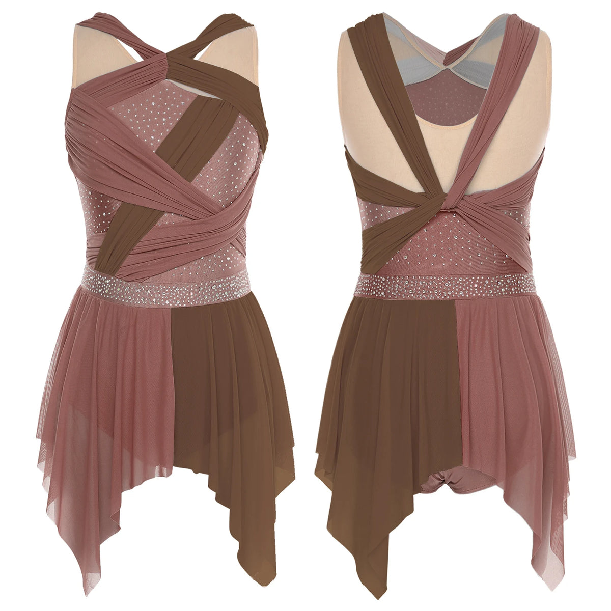 Color-Block Lyrical Dance Dress | Twisted Knot | Irregular Hem | Rhinestone