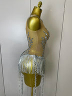 Silver Diamond Tassel Bodysuit | Sequin Mesh | S–XL