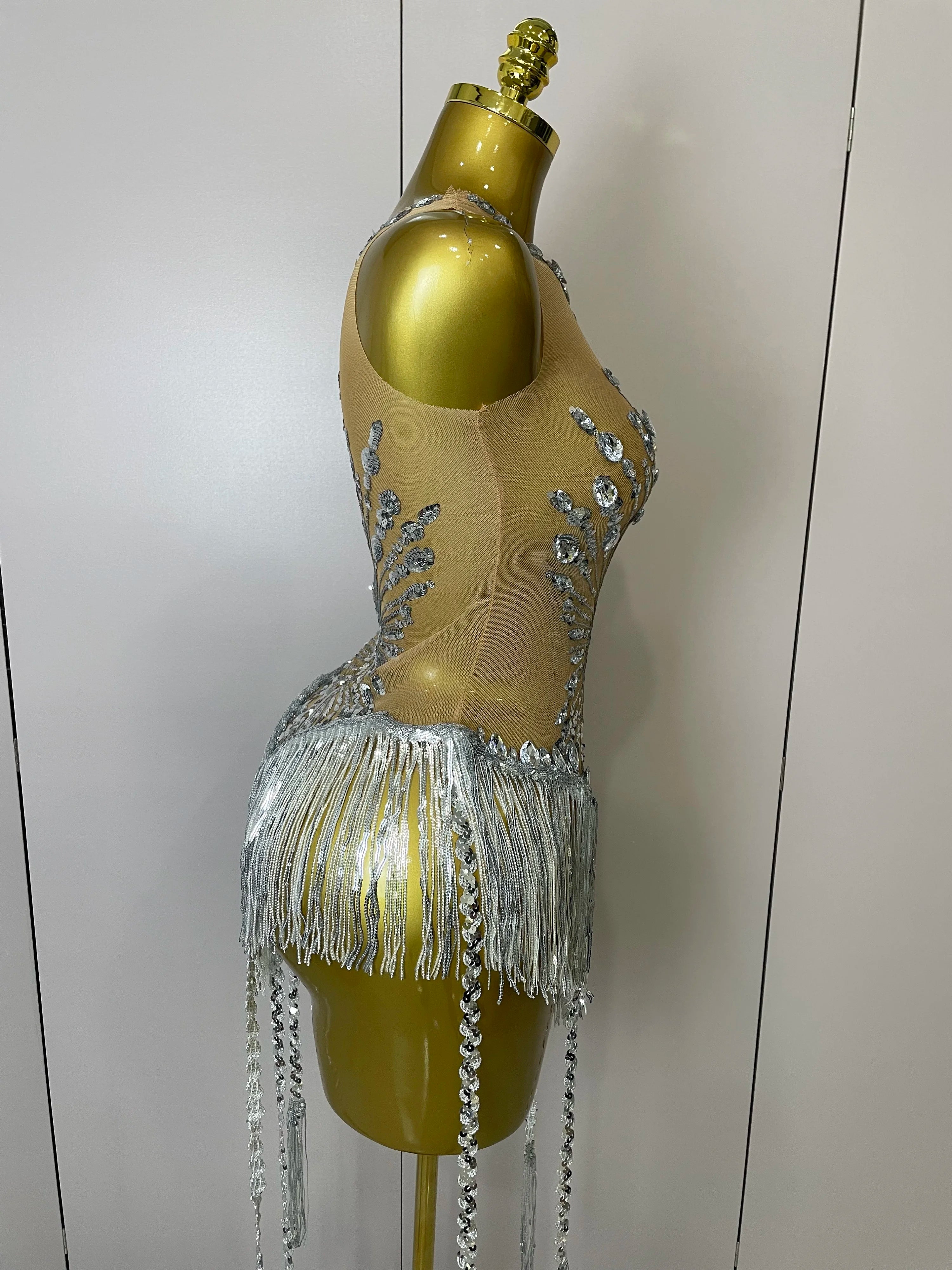 Silver Diamond Tassel Bodysuit | Sequin Mesh | S–XL
