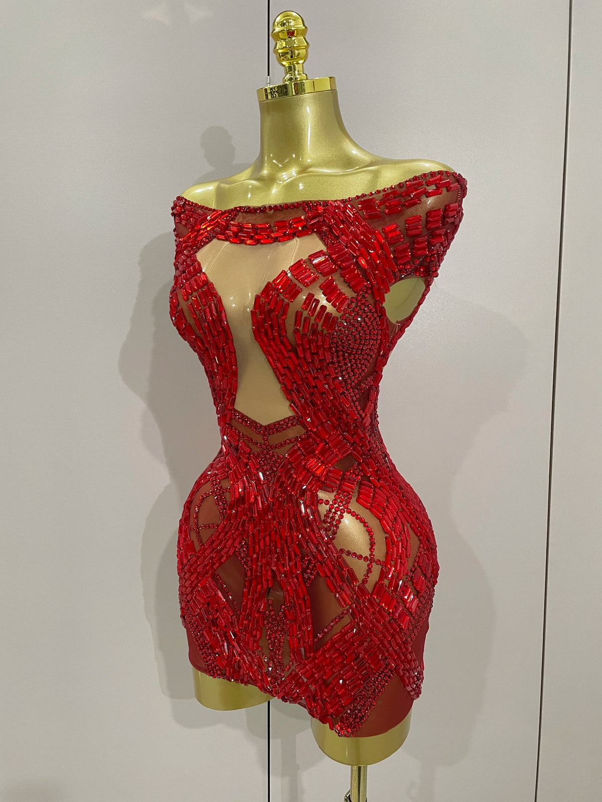 Rhinestone Cutout Mesh Mini Dress | Off-Shoulder | Stage & Performance
