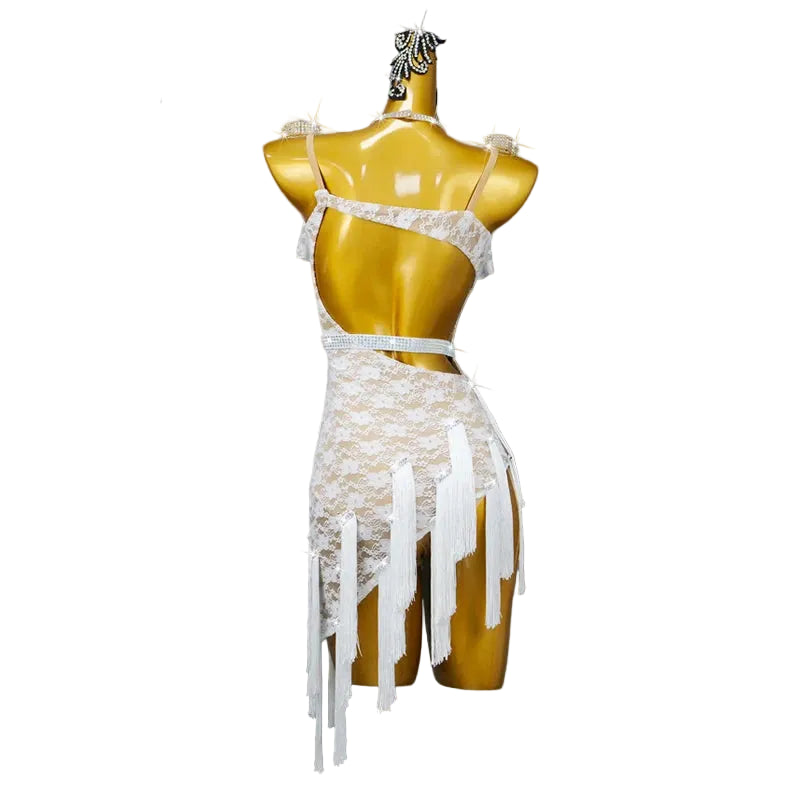 Rhinestone Lace Latin Dance Dress – Tassel & Sash Performance Gown