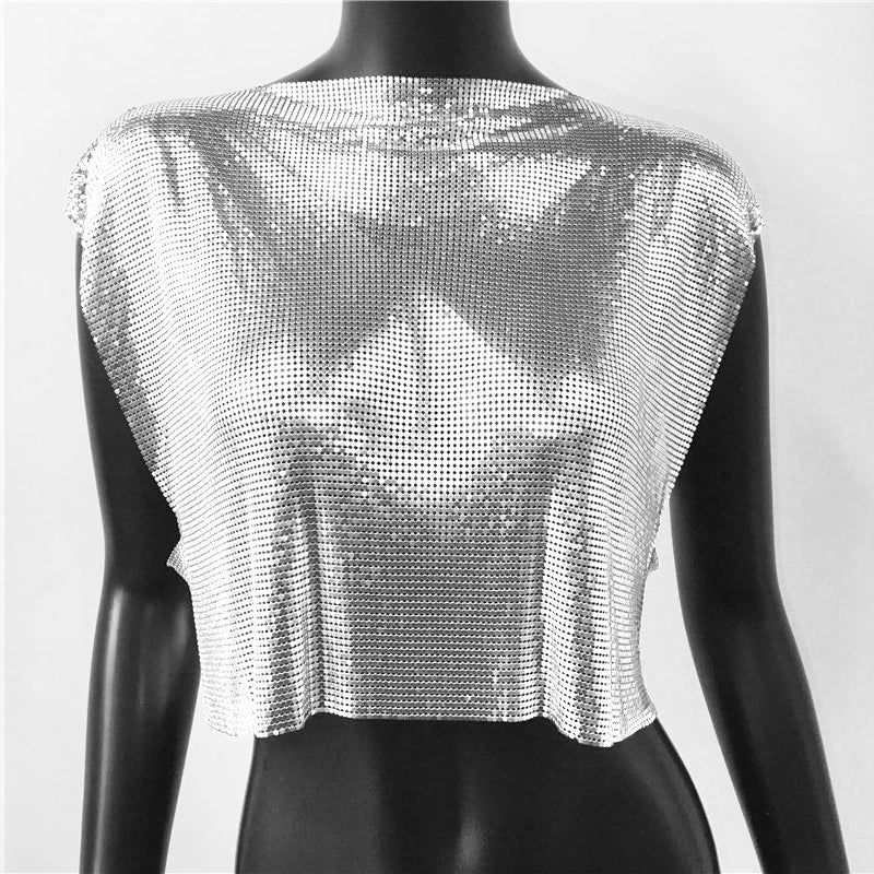 Metallic Sequin Patchwork Crop Top - Hollow-Out O-Neck