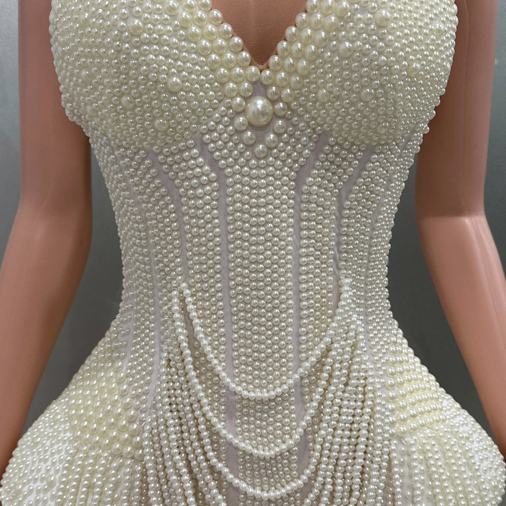 Pearl Beading Halter Bodysuit - Luxury Backless Performance Wear for Singers & Dancers