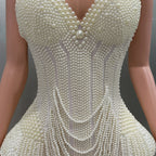 Pearl Beading Halter Bodysuit - Luxury Backless Performance Wear for Singers & Dancers