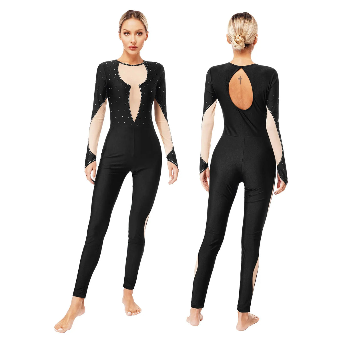 Rhinestone Bell Bottom Jumpsuit | Mesh Overlay | Long Sleeve