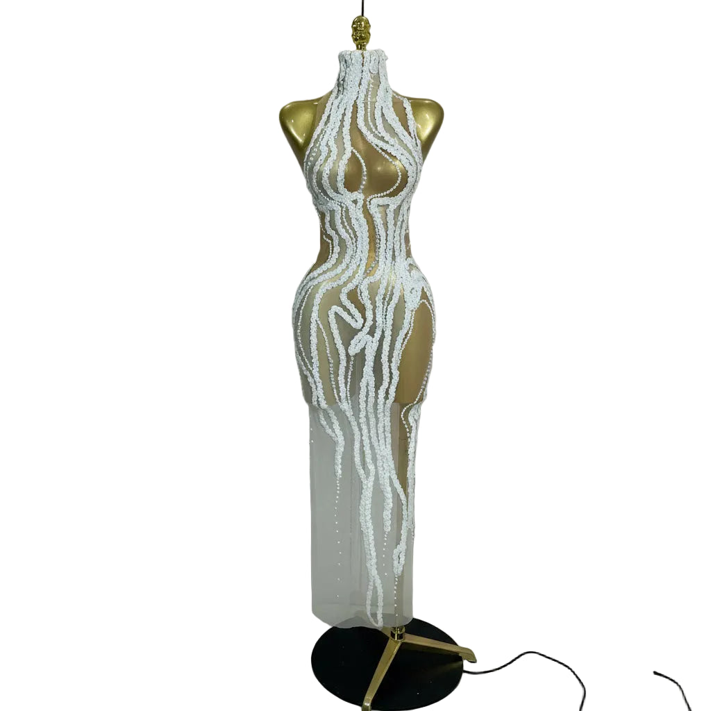Pearl Strand Mesh Gown | See-Through | High Neck | White