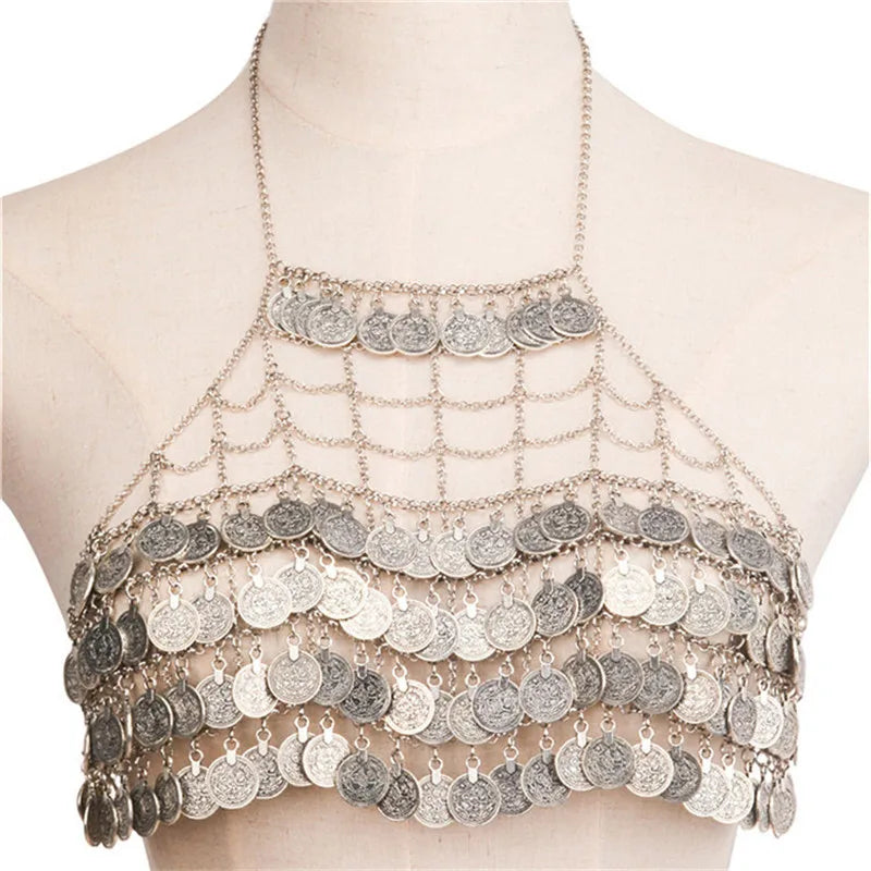 Metal Coin Tassel Bra Chain - Bohemian Body Harness Crop Top