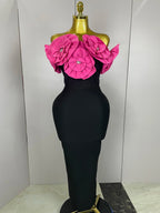 3D Rose Flower Off-Shoulder Bodycon Maxi Dress | Stage & Performance