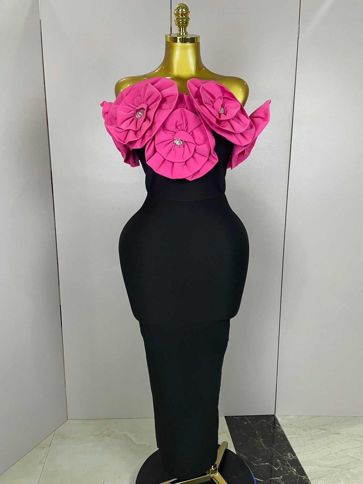 3D Rose Flower Off-Shoulder Bodycon Maxi Dress | Stage & Performance