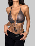 Rhinestone Mesh Halter Crop Top - Sheer Backless V-Neck Festival Top
