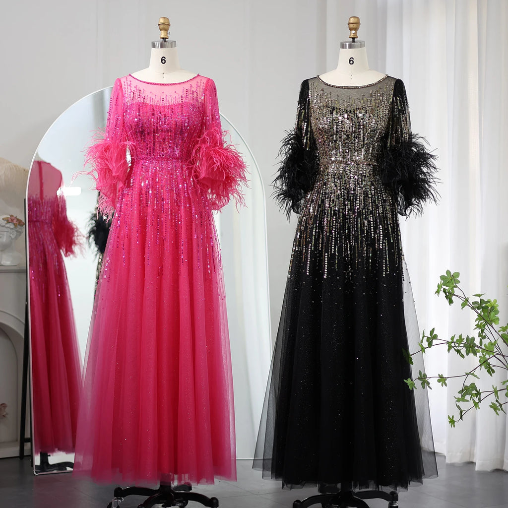 Sequin Feather Cuff Gown | Crystal Beaded | Black & Fuchsia