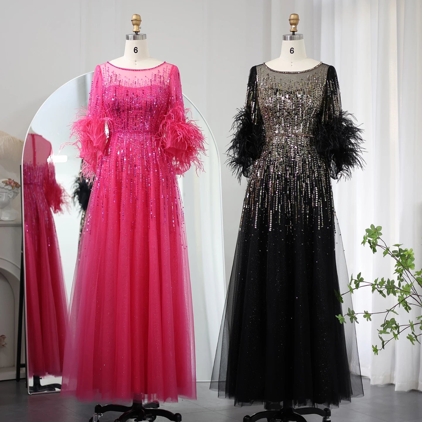 Sequin Feather Cuff Gown | Crystal Beaded | Black & Fuchsia