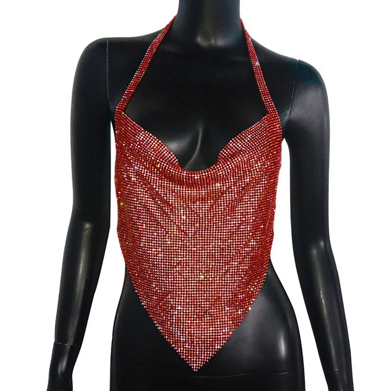 Rhinestone Backless Camisole Crop Top - Deep V-Neck Glitter Tank