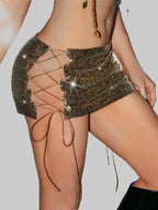 Leopard Print Sequin Mini Skirt - Side Split Performance Skirt
