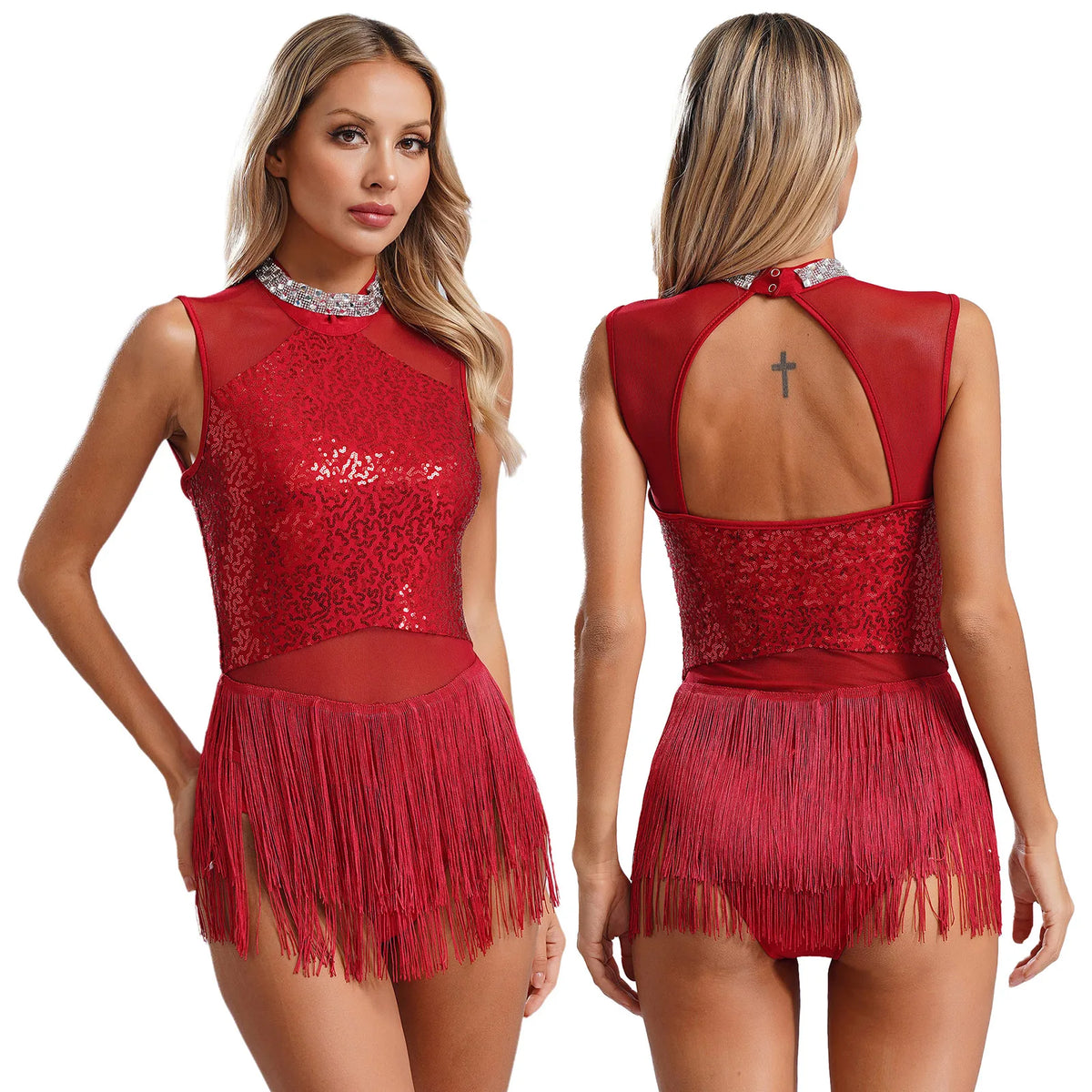 Midnight Fringe Rhinestone Latin Leotard