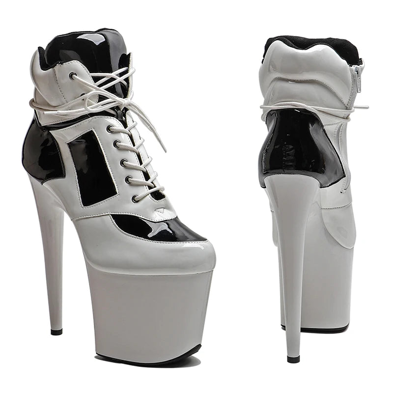 8-Inch Patent Platform Boots - White Blue Ankle Dance Boots