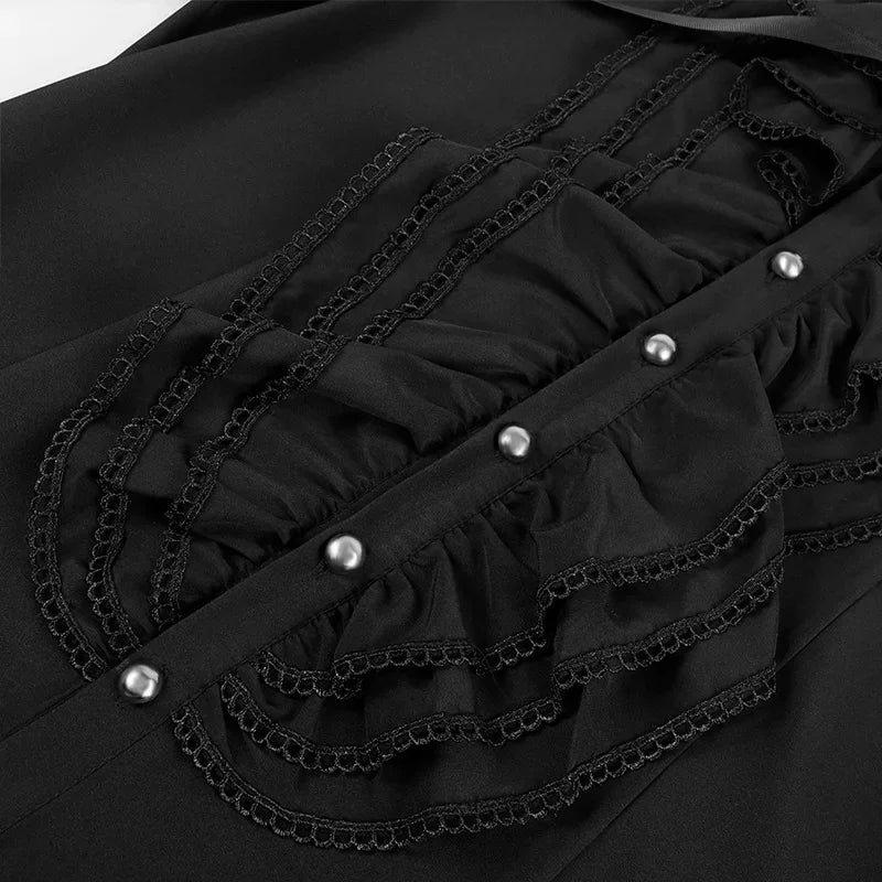 Gothic Stand Collar Pleated Shirt | Rhinestone | Black & White | S-2XL