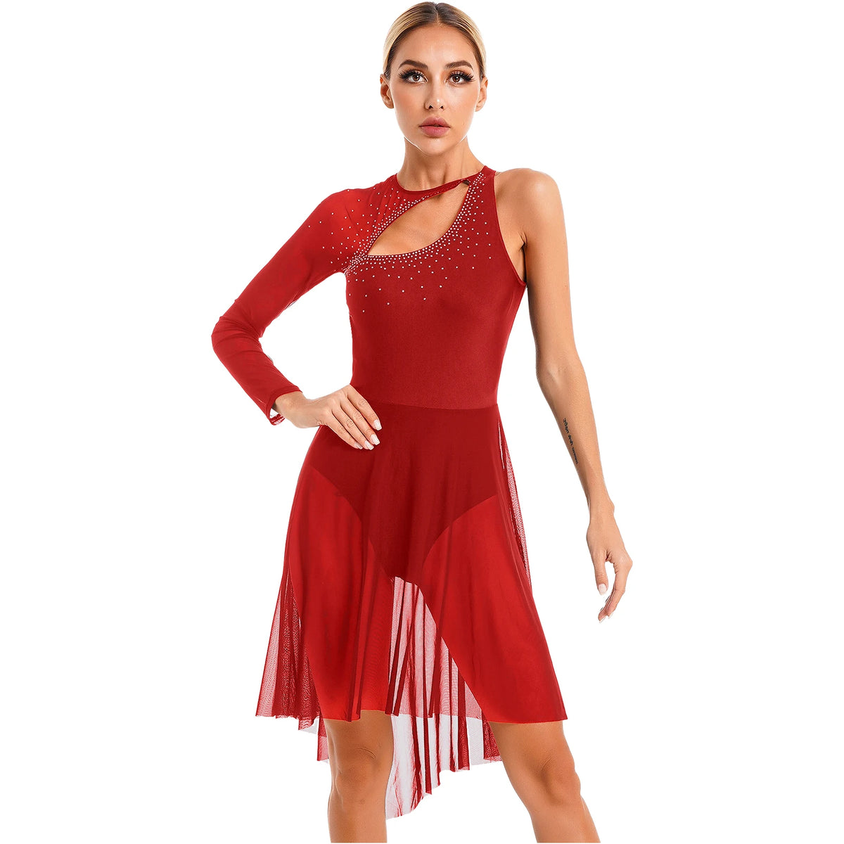 Women's Color-Block Flare Sleeve Dance Dress | Asymmetric Mesh Hem & Built-In Briefs