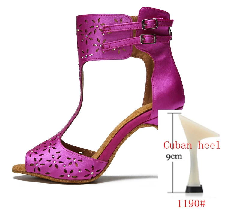 Purple Satin Latin Dance Shoes | Peep Toe | Lace-Up Heel