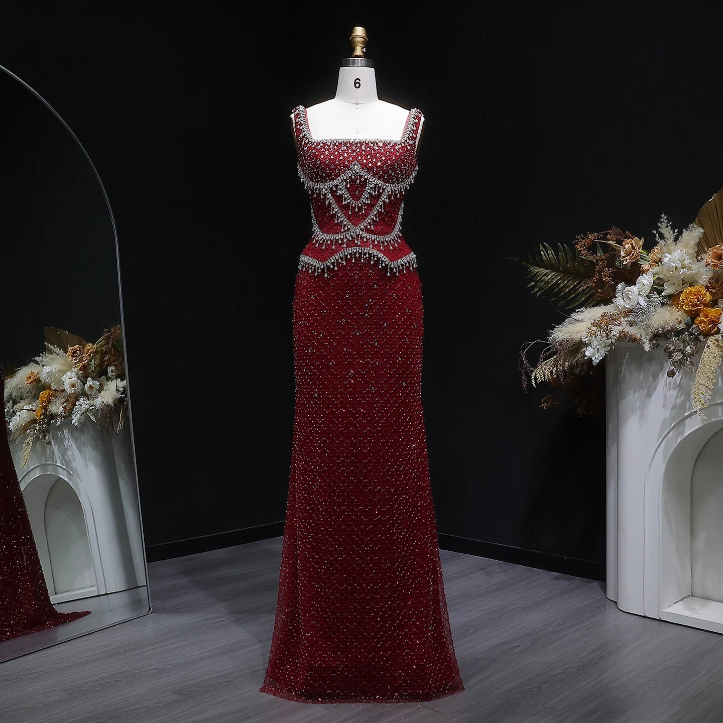 Crystal Beaded Column Pageant Gown | Square Neck | Champagne, Gray & Wine Red