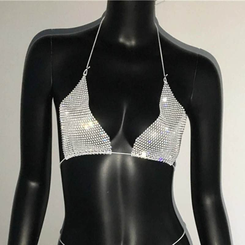 Rhinestone Mesh Bikini Top - Deep V-Neck Backless Halter