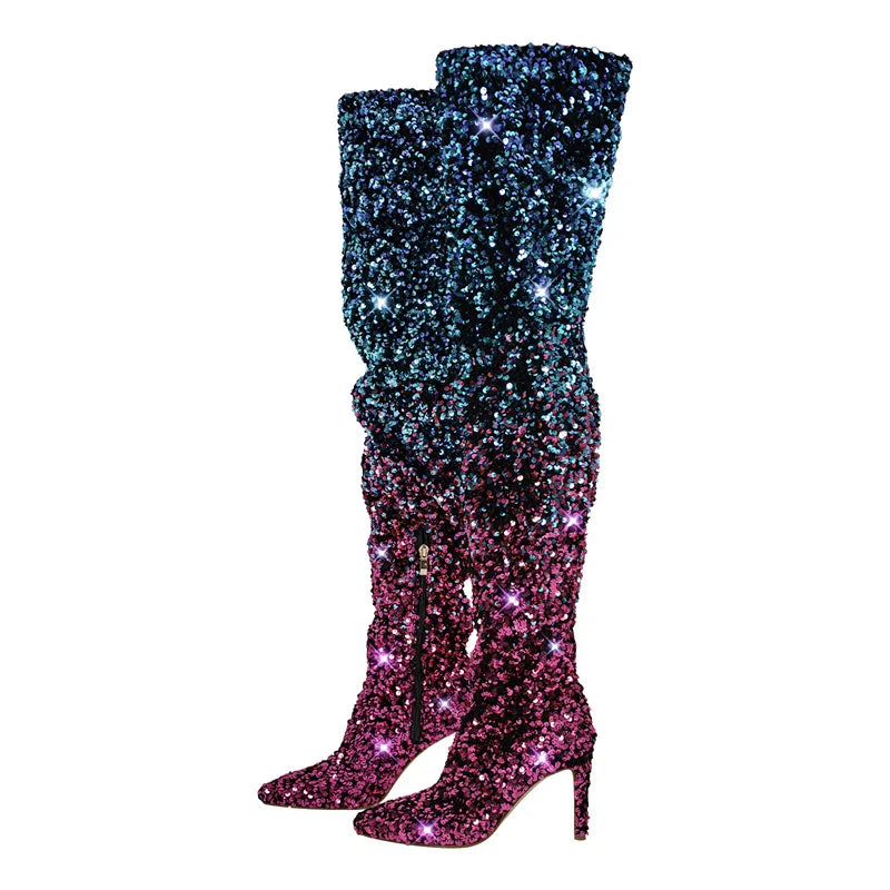 Thigh-High Sequin Boots | Gradient Glitter | Stiletto Heel