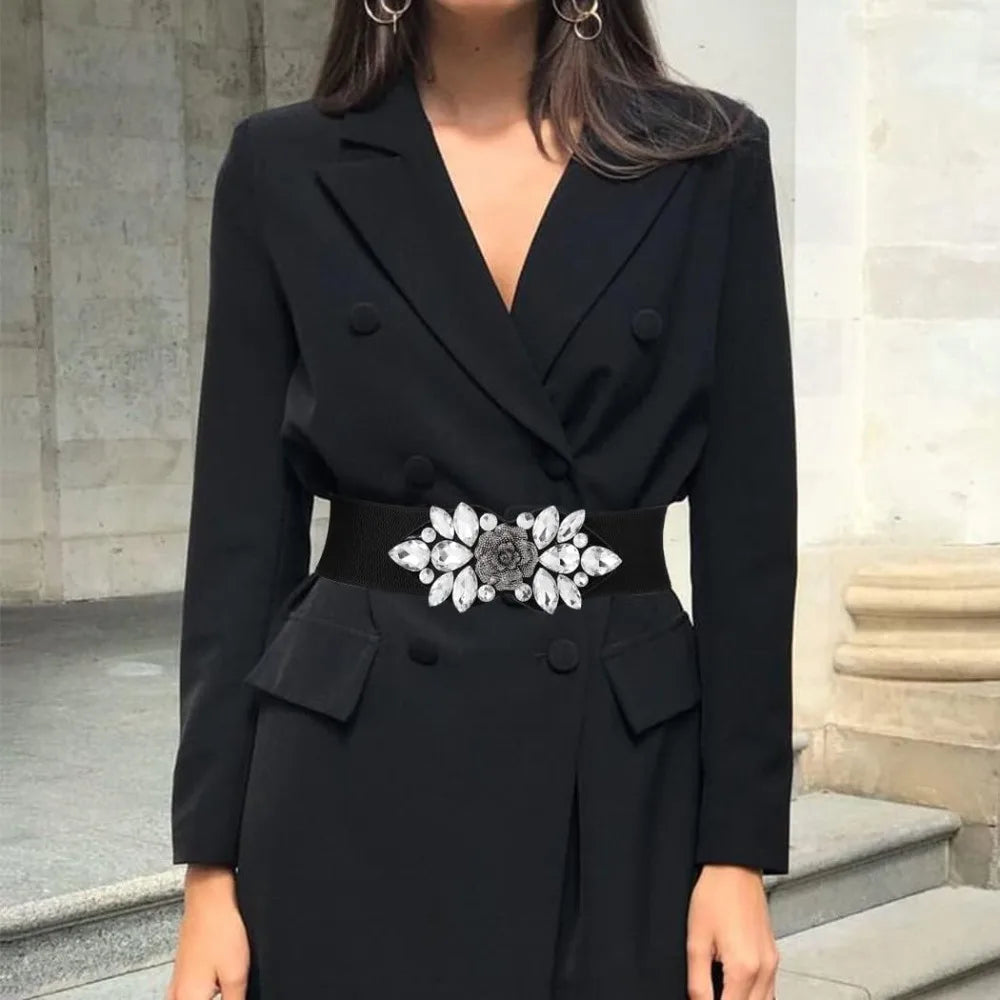 Rhinestone Flower Wide Elastic Belt | Stage & Dressy