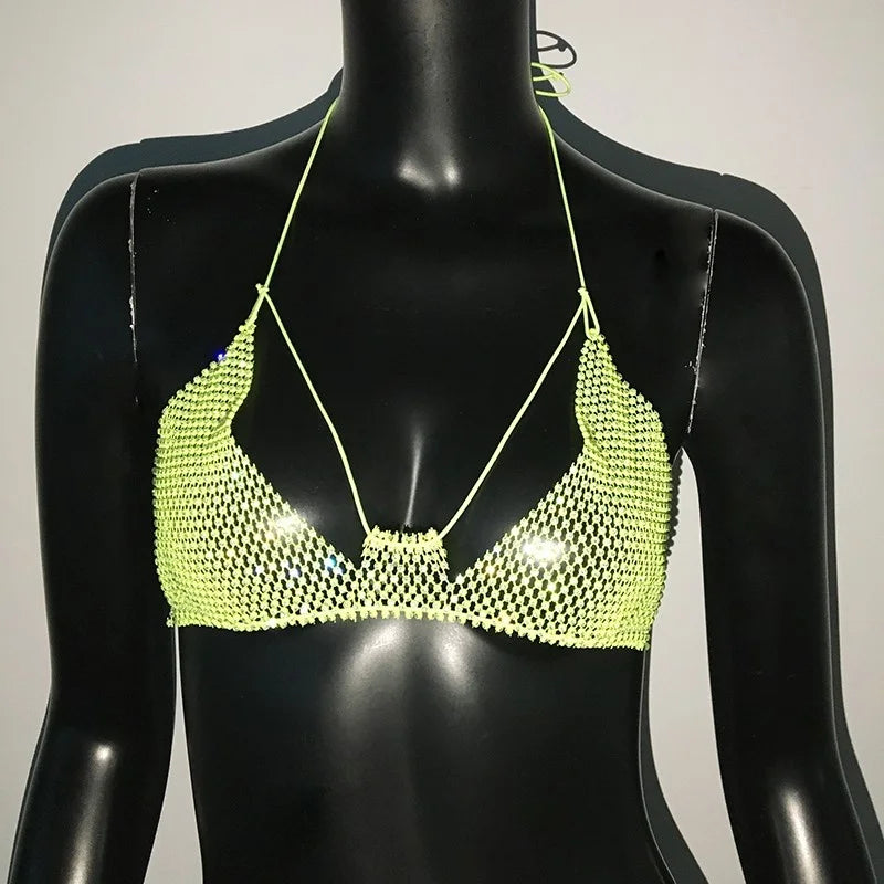 Fishnet Mesh Bikini Top - Backless Deep V-Neck Crop Top