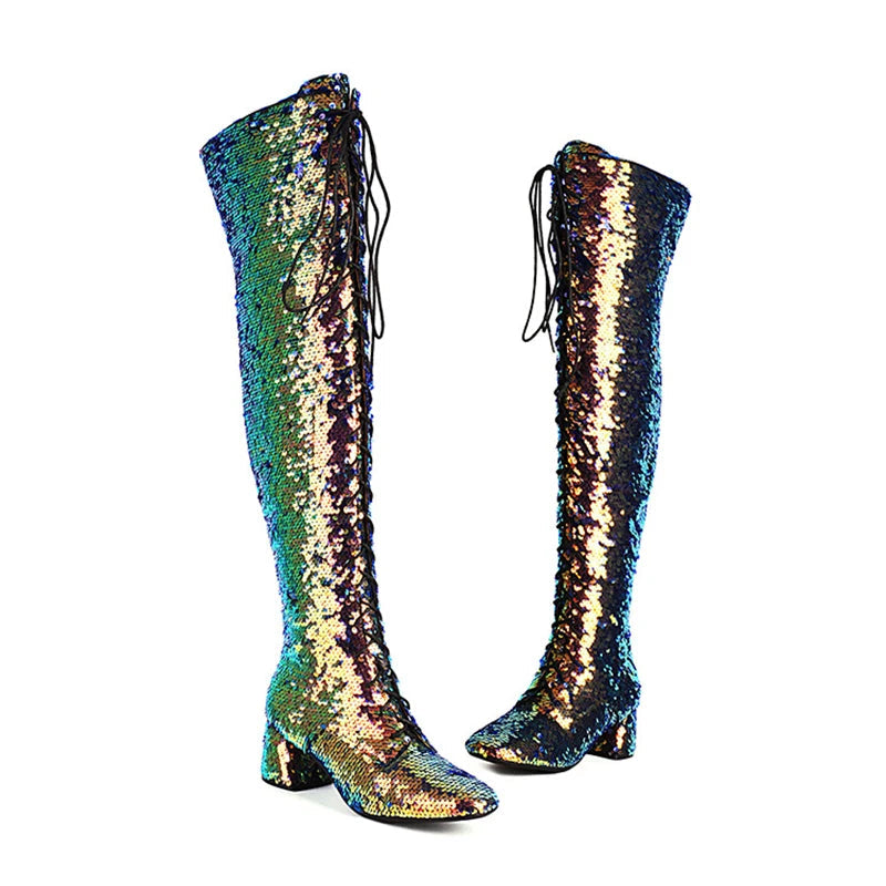 Glitter Sequin Over-the-Knee Boots | Lace-Up | 6cm Block Heel