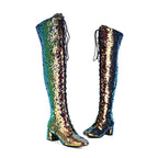 Glitter Sequin Over-the-Knee Boots | Lace-Up | 6cm Block Heel
