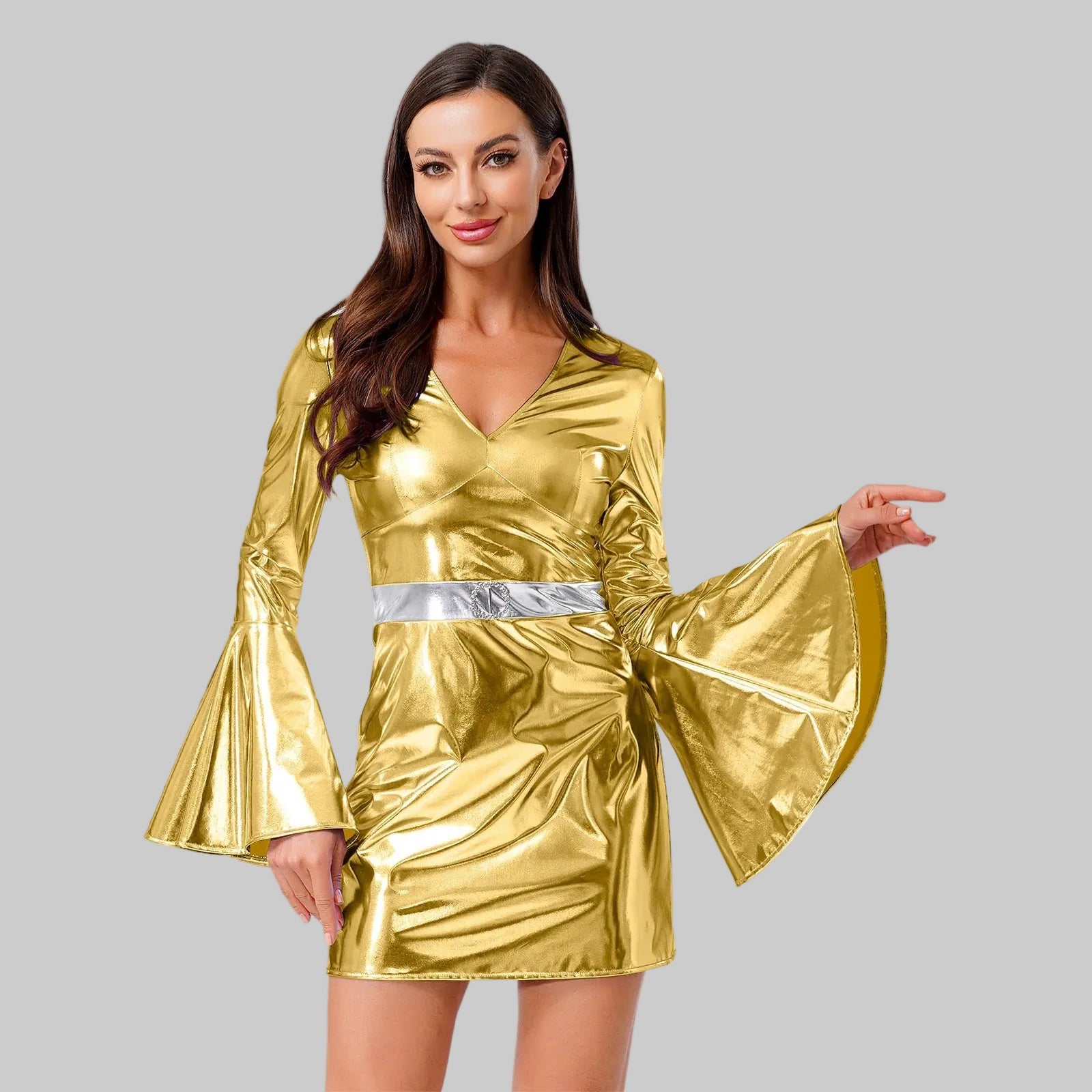 Women's Crystal 70s Disco Mini Dress - Metallic V-Neck Bodycon Costume