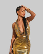 Metallic Bodycon Maxi Dress - Backless V-Neck Party Dress