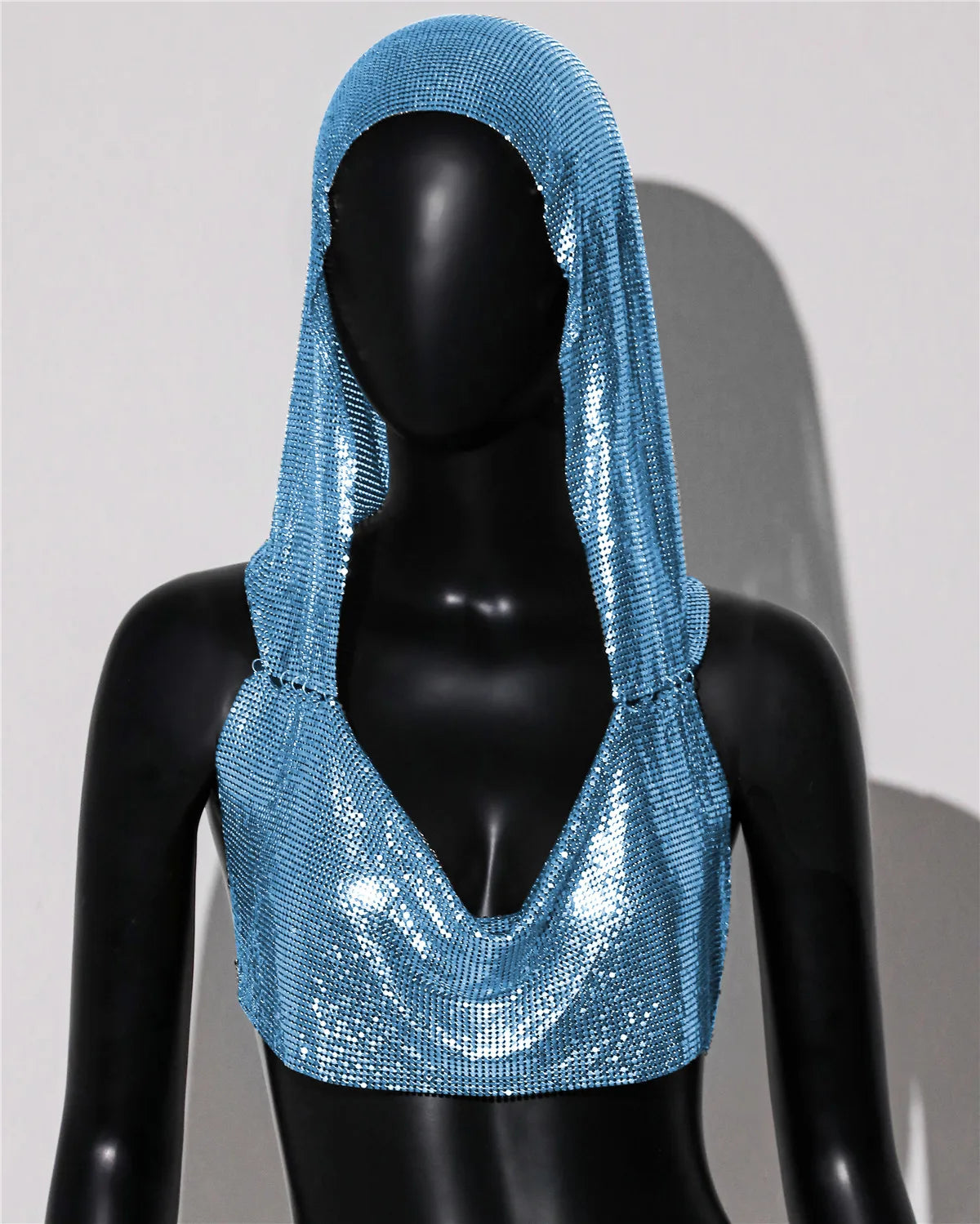 Hooded Sequin Crop Top with Deep V-Neck